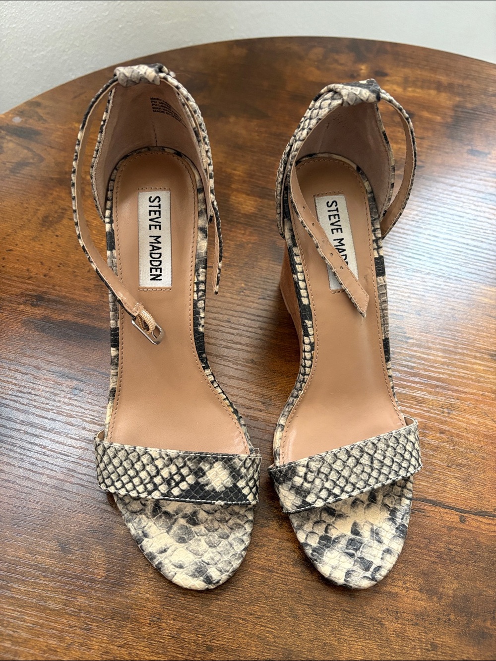 Steve Madden Snake-Print Ankle Tie Wedge Heels in Beige and Black, size 7